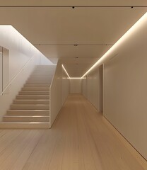 Obraz premium Modern Minimalist Hallway Interior Design with Wooden Stairs and Light Strip