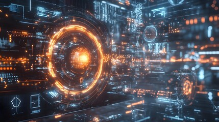 Digital holographic interfaces layered over a muted backdrop with modern aesthetics