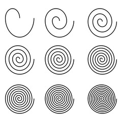 Line in spiral circle form. Spiral swirl shape design icon set vector graphic illustration, circle square whirl twist simple symbol. Geometric. Thick swirls and spirals.  Abstract.