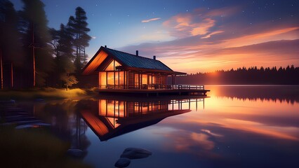 Fototapeta premium Rest during sunset on the shore of the reservoir. Wooden house in the evening twilight on the shore of the lake.