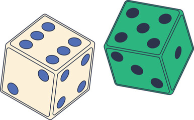Two six-sided dice, one ivory and one green, symbolizing chance and gaming.
