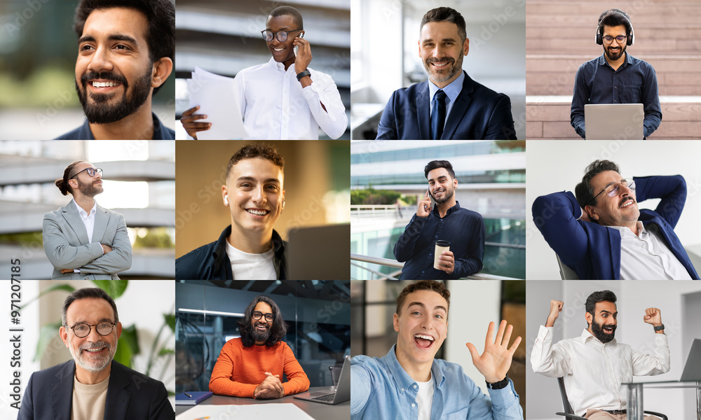 Poster a diverse group of professionals is captured in an office environment, engaged in various activities