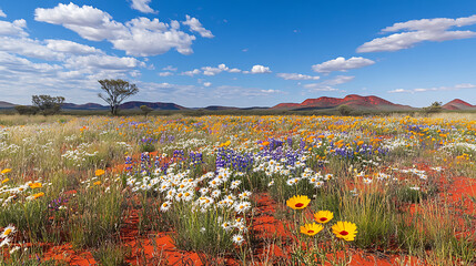 A vibrant field of wildflowers in the Australian Outback, with red soil and distant hills in the background  © aun