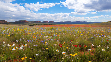 A vibrant field of wildflowers in the Australian Outback, with red soil and distant hills in the background 