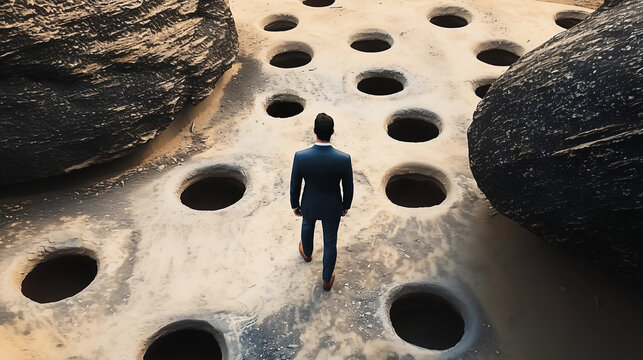 Many pitfalls in the ground and a man in a suit carefully walking between them.