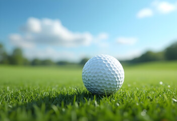 Obraz premium Golf Ball on Green Grass with Blue Sky and White Clouds in Background