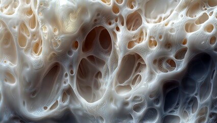 Organic Caverns. Abstract image of a porous white structure with irregular cavities and holes, resembling bone tissue or a microscopic view of organic matter.
