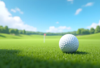 Obraz premium Golf Ball on Green Grass with Flag and Trees in the Background on a Sunny Day