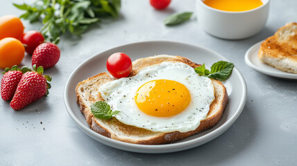 A delicious breakfast featuring sunny side up egg on toasted bread, garnished with fresh mint and accompanied by vibrant cherry tomatoes, strawberries, and bowl of orange juice.