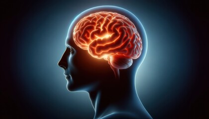 Obraz premium Side view of a human head with a highlighted brain in glowing red and orange tones – futuristic medical visualization ob dark background