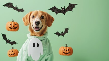 A dog is wearing a ghost costume