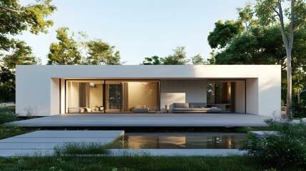 Fototapeta premium Modern Minimalist House with Pool and Green Trees