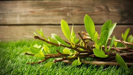 Obraz premium Green leaves on twigs, sward and wooden planks background
