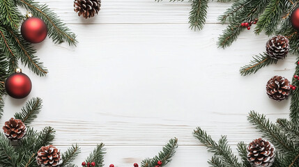 white wooden background with pine branches, Christmas ornaments