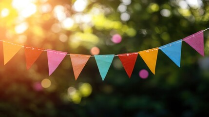 Colorful bunting flags on bokeh background for summer garden event party, celebration concept with generative ai