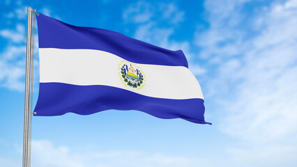 El Salvador flag in the blue sky.El Salvador 3d flag floating in the wind with a blue sky in the background