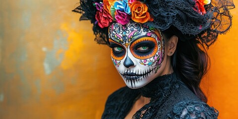 Beautiful woman in luxurious black dress with lace and colorful and scary voodoo mask