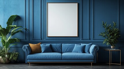Obraz premium Luxurious Blue Living Room Interior with Mockup Poster Space