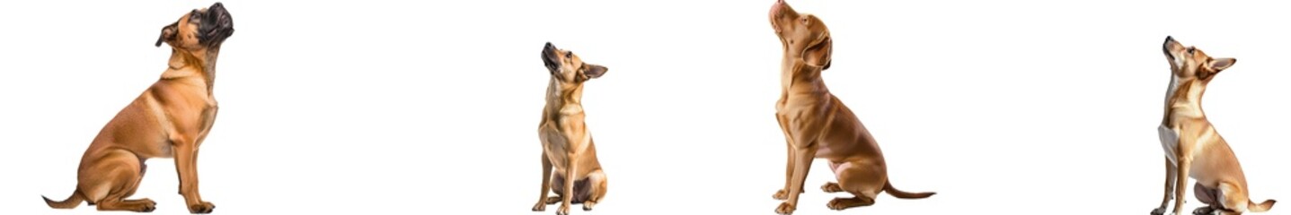 Fototapeta premium It is a brown dog sitting on the ground, isolated on white background. It is a cross breed of parson jack russell terrier, chihuahua and german shepherd. The dog is 2 years old. Funny dogs concept.