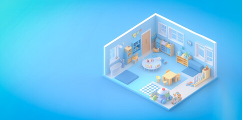 Well-organized isometric 3D kindergarten environment with toys and learning spaces, beautifully detailed for children&rsquo;s education projects.