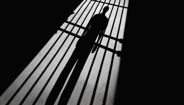 Shadow of a man behind bars in dramatic black-and-white lighting &ndash; symbolic representation of imprisonment and isolation