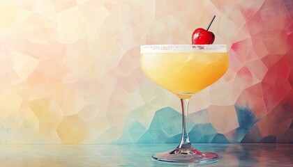 Watercolor-style illustration of a hipster daiquiri against a creative polygon backdrop, rendered with to capture a trendy and artistic aesthetic. ,