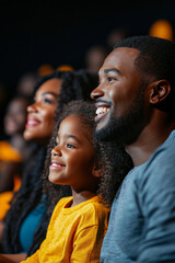 Obraz premium A cheerful Black family, including a father, mother, and daughter, watching a film together in a cinema. The warm glow from the screen illuminates their smiles as they enjoy the movie.