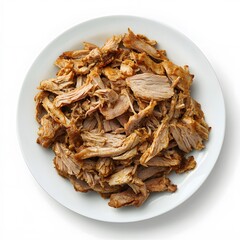 Shredded pork on white plate: savory and juicy slow-cooked meal