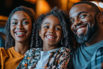 A cheerful family of three, with the parents and their daughter, are enjoying a movie night in a cozy cinema. The daughter leans forward excitedly while the parents share a smile, basking in the joy