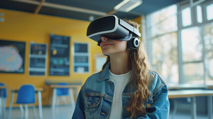 Exploring digital classroom, student with VR headset experiences immersive learning. excitement of technology enhances education in modern environment