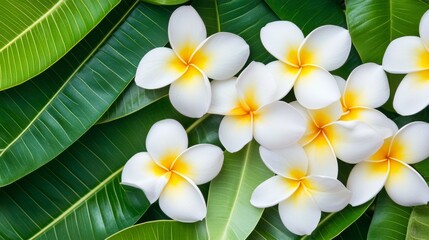 Fototapeta premium White and yellow frangipani blossoms with fronds