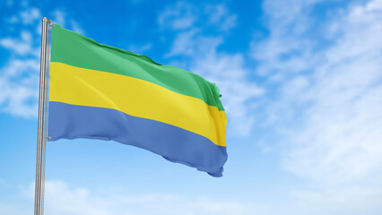 gabon flag in the blue sky.gabon 3d flag floating in the wind with a blue sky in the background
