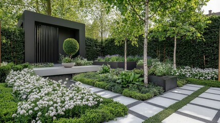 Modern Garden Design with White Flowers and Greenery