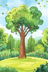 Fototapeta premium Green Forest With Large Tree Illustration