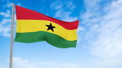 Ghana flag in the blue sky.Ghana 3d flag floating in the wind with a blue sky in the background
