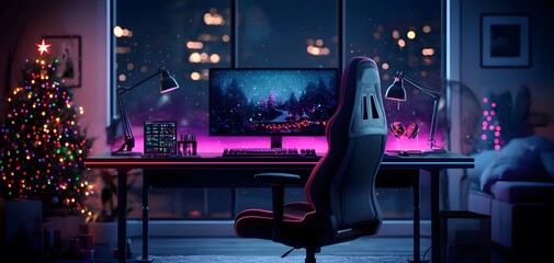 A Cozy Gaming Room Decorated for Christmas with Lights, Tree, and a Stunning Winter Landscape Screen. Christmas Gamer Concept