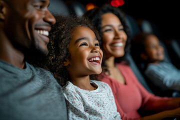 A happy family of three, with the parents and their daughter, are seated comfortably in a cinema, with the daughter laughing out loud at a funny scene. The parents smile at each other, clearly