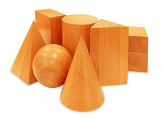 Wooden school geometric solids triangular prism square pyramid cube sphere cone cuboid cylinder for geometry classes isolated on white background. Learning items concept