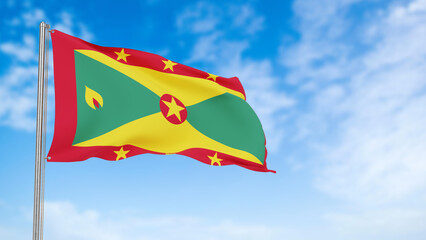 Grenada flag in the blue sky.Grenada 3d flag floating in the wind with a blue sky in the background