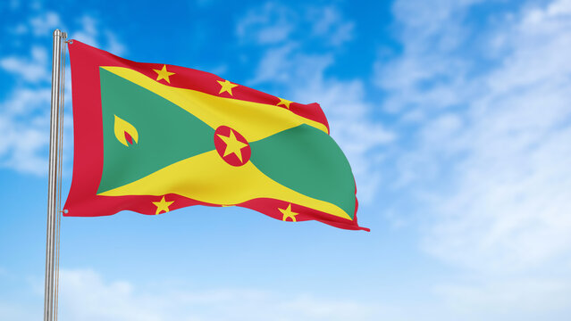 Grenada flag in the blue sky.Grenada 3d flag floating in the wind with a blue sky in the background