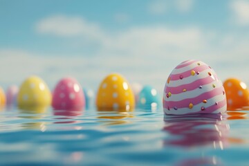 Fototapeta premium Colorful easter eggs floating in water. 3d render illustration with generative ai