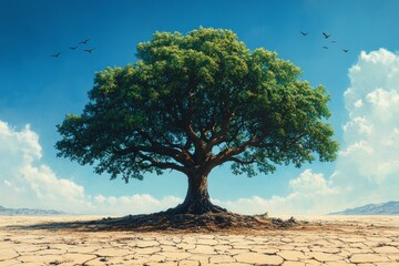 A large tree growing in the middle of an arid desert