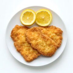 Crispy golden schnitzel with lemon slices on white plate