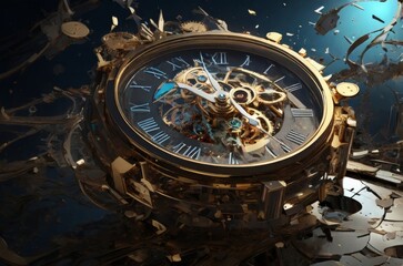 Fototapeta premium Fragments of Time: A Surreal Exploration of a Shattered Clock