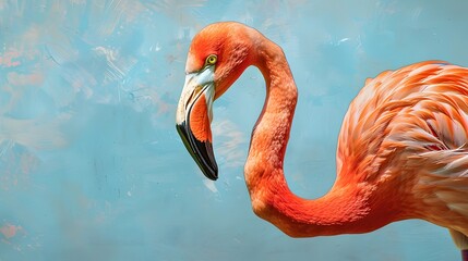 Flamingo bird facing left, surrounded by a pastel sky blue background