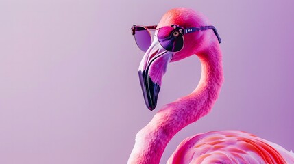 Flamingo bird in cat-eye sunglasses, standing on a solid pastel lilac background