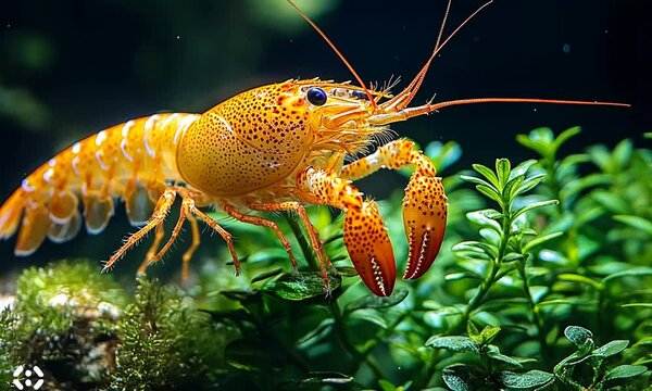 Orange Crayfish on Green Plants