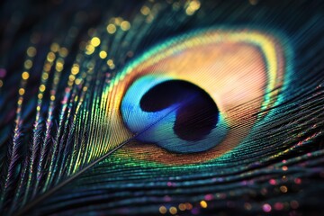 Naklejka premium Macro shot of peacock feather with intricate texture in vibrant blue, green, and gold hues. Colorful luxury design with a natural, iridescent, and exotic pattern.