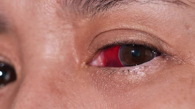 結膜下出血　外傷により結膜の血管が破れて真っ赤になった目