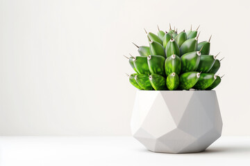 A modern geometric planter holds vibrant green succulent, showcasing its unique shape and texture. This stylish arrangement adds touch of nature to any contemporary space